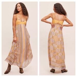Anthropologie Calida Maxi Dress Size 12 Yellow Paisley Bohemian Cut Out Vacation
